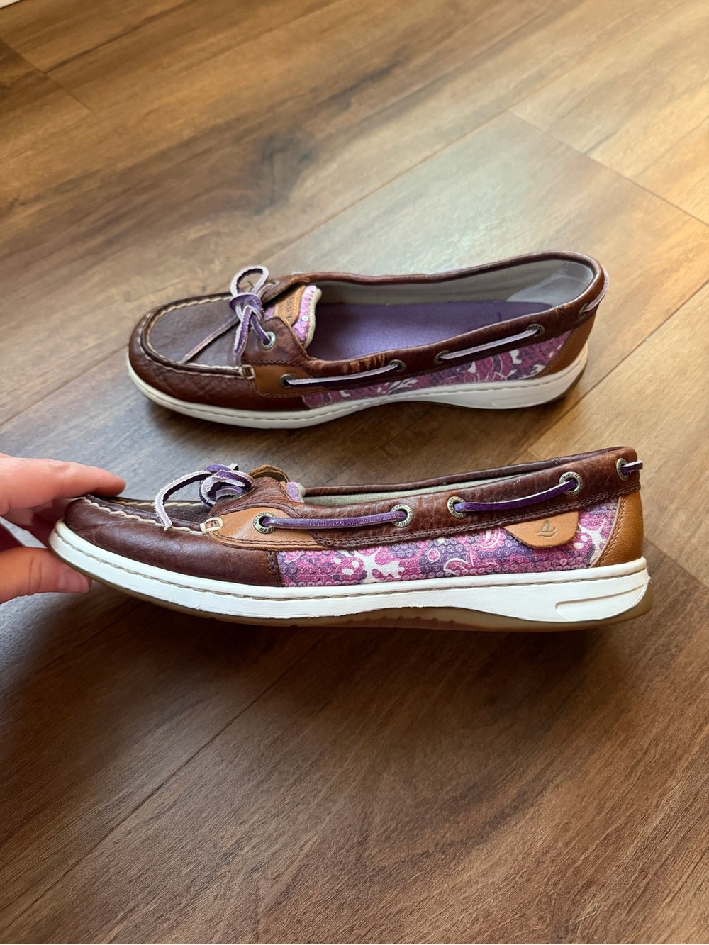 Sperry Brown Leather Boat Shoes with Sequined Purple Accents